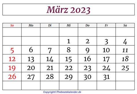 Druckbare März 2023 Kalender Zum Ausdrucken