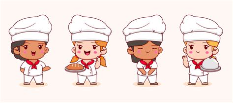 Set Of Cute Chef Girl With Different Pose Chibi Cartoon Style Isolated