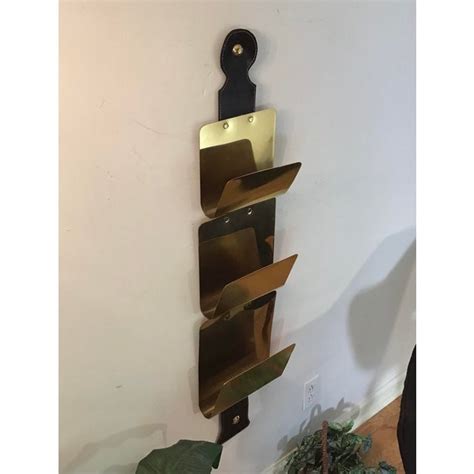1960s Brass And Leather Magazine Rack Wall Mount Gold Brass Accents
