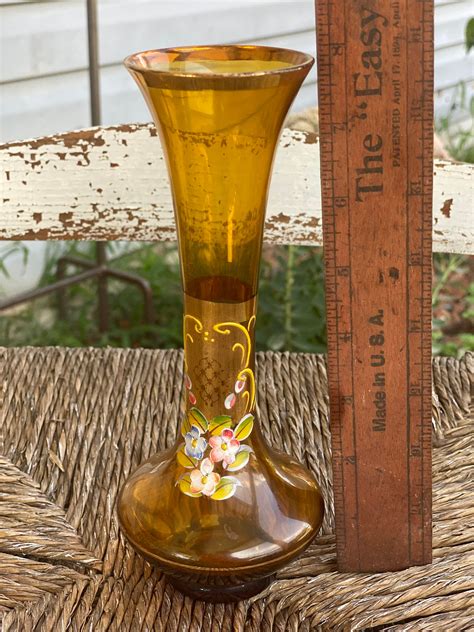 Vintage Amber Glass Vase Hand Blown Hand Painted Flowers By Etsy
