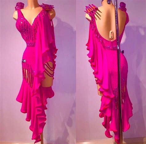 Fuchsia Pink Long Diagonal Ruffle Cutaway Wrap Latin Dress