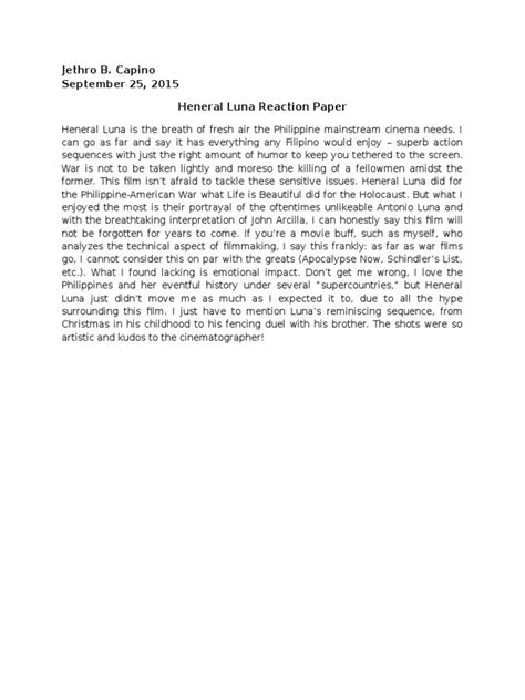 heneral luna reaction paper