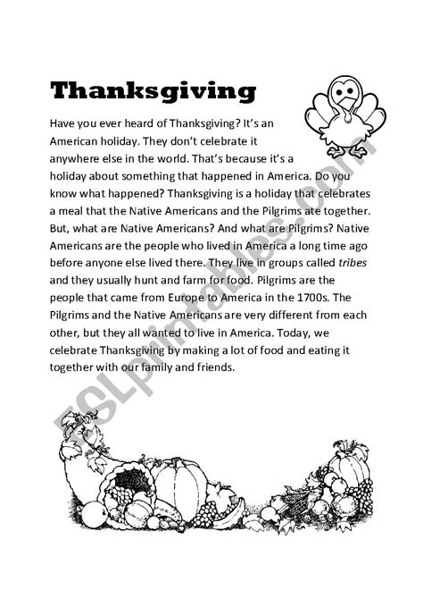 Esl Thanksgiving Worksheet