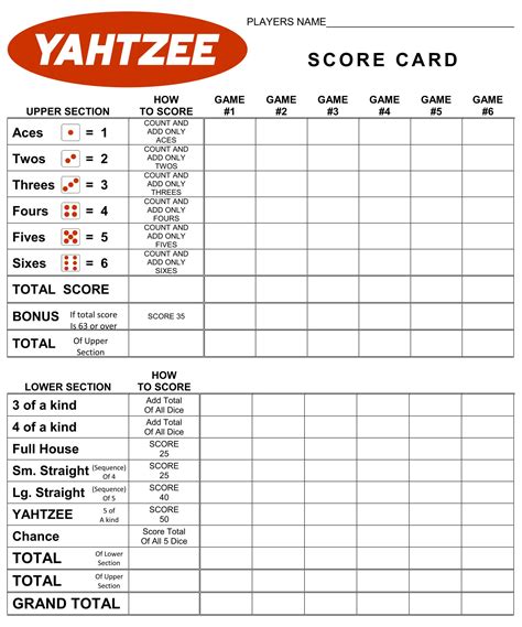 Printable Yahtzee Score Card Printable Yahtzee Score Card Large Print