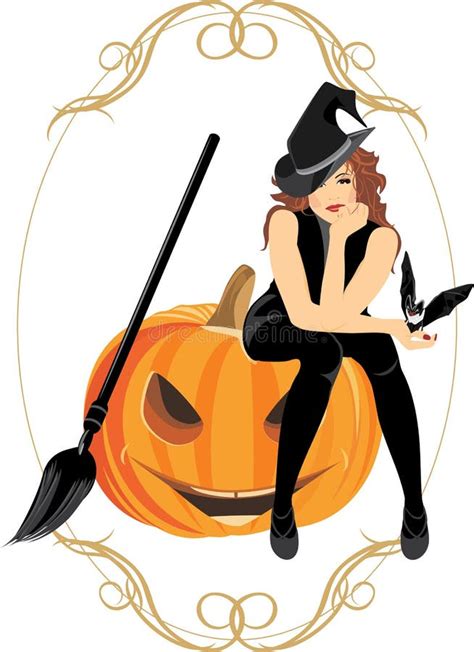 Sitting Witch On The Halloween Pumpkin Frame Stock Vector Illustration Of Horror