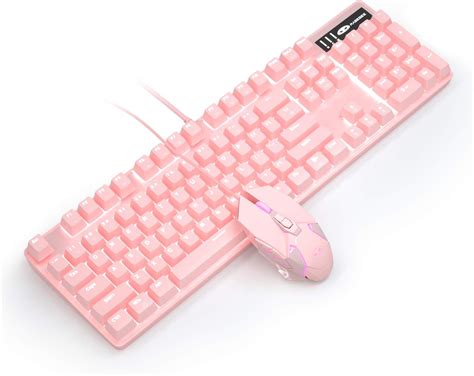 Pink Mechanical Gaming Keyboard And Mouse Combo Blue Switch 104 Keys