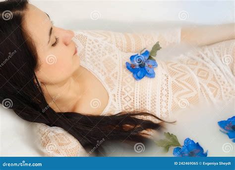 Spa Beauty Model Girl Taking Milk Bath Spa And Skin Care Concept Beauty Young Woman With