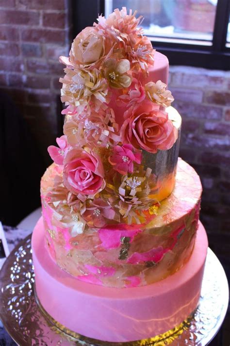 Cake Art ~ Edible Wafer Paper And Gold Leaf Cake In Pink And Gold