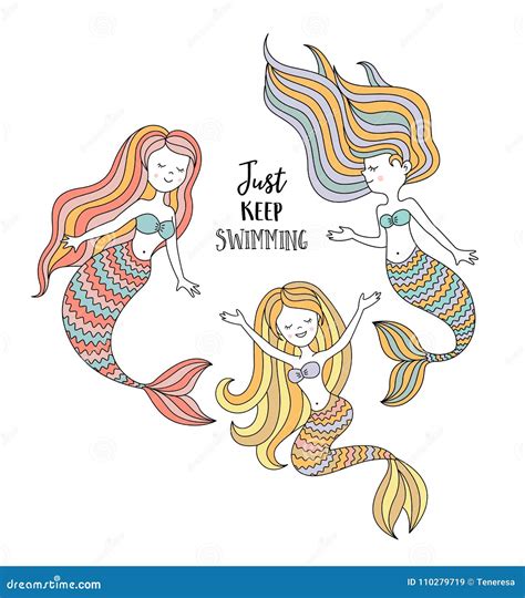 Cute Little Mermaids Under The Sea Vector Illustration Stock Vector
