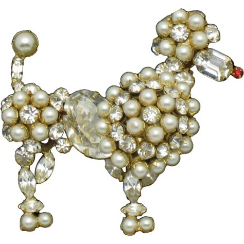Classic Signed Schreiner Vintage Figural Rhinestone Pearl Poodle Dog