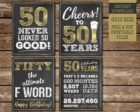 50th Birthday Sign Pack 50th Birthday Printable Signs Cheers Etsy