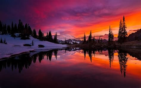 Lake Sunset Mountains Forest Sky Water Snow Reflection Trees