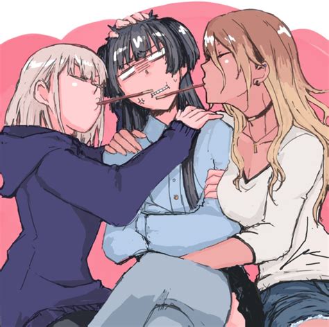 safebooru 3girls i alternate costume anger vein arm hug black hair blank eyes blonde hair