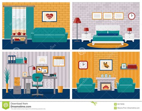 Set Of Rooms Interiors In Flat Design Vector Illustration