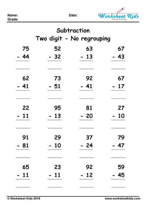 Subtraction Two Digit Numbers Worksheets Without Regrouping Common Core Package