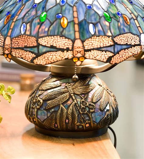 Tiffany Style Stained Glass Table Lamp With Dragonfly Motif And Metal Base Wind And Weather