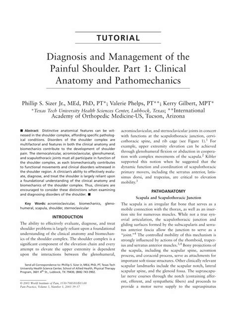 Diagnosis And Management Of The Painful Shoulder Part 1 Clinical