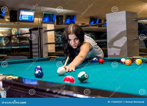 Brunette Woman Playing Billiard Making A Hit Stock Image Image Of