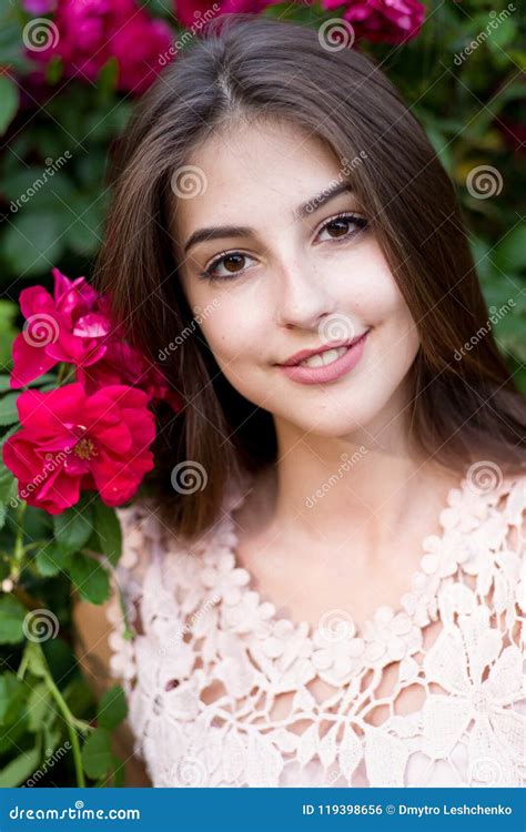 Portrait Of A Beautiful Girl Happy Girl Roses Rosarium Garden