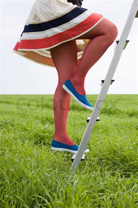 Woman In Tights Climbing A Ladder Stock Image Colourbox