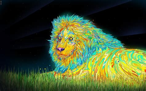 Yellow And Blue Lion Lying On Grass Artwork Animals Matei Apostolescu