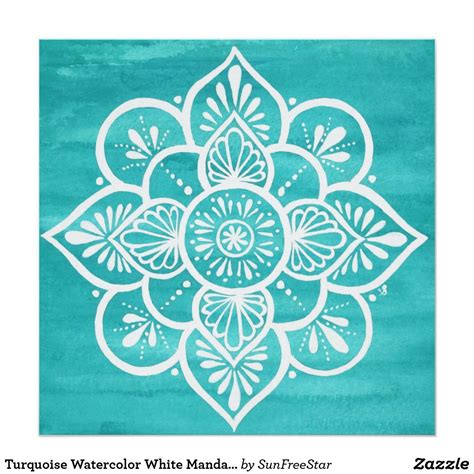 Turquoise Watercolor White Mandala Poster In 2021