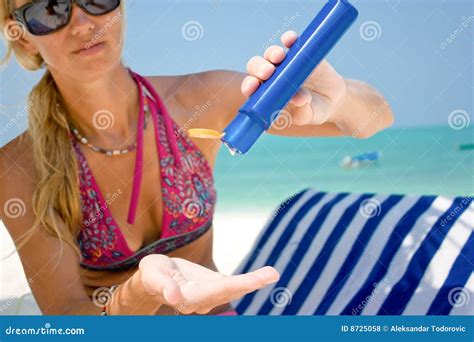 Woman Applying Suntan Lotion Stock Photo Image Of Sunblock Beach
