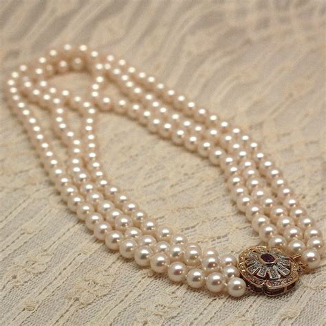 Circa 1950 3 Strand Pearl Necklace With Rubies And Diamonds Pippin Vintage Jewelry