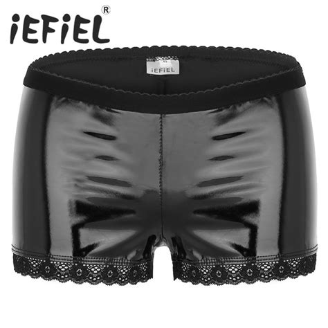 Iefiel Women Lingerie Wetlook Faux Leather Open Back Low Rise Boxer Shorts Briefs Underwear