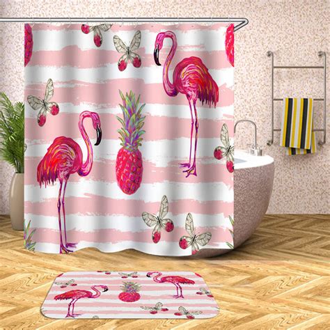 Floral Flamingo Shower Curtain Flowers Print Waterproof Bath Curtains