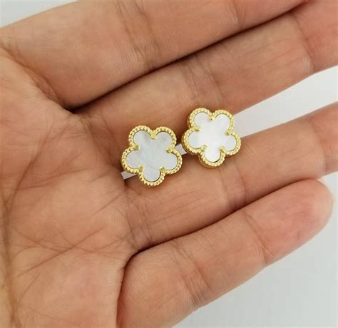 Gold Earrings 14k Yellow Gold White Mother Of Pearl Clover Etsy