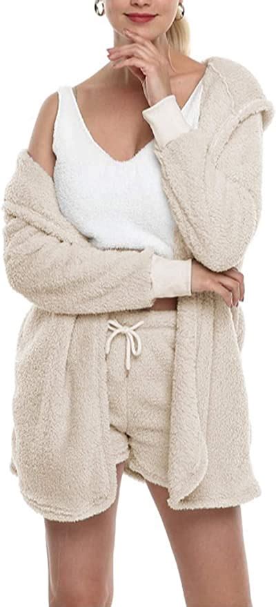 Women Fuzzy Sherpa Piece Short Sets Pajamas Outfits Jacket Strap Crop Tops With Shorts