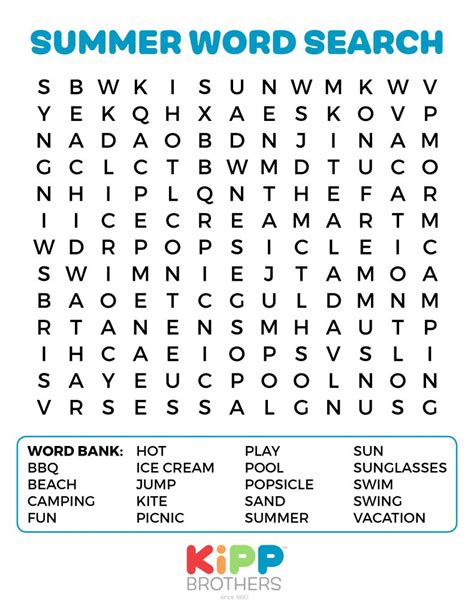 Printable Summer Word Search For Kids Kipp Brothers Word Search