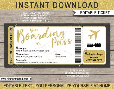 Editable Free Printable Airline Ticket Template For Gift
