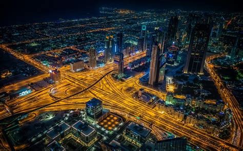 Download Wallpapers Dubai Skyscrapers Uae Night Lights For Desktop