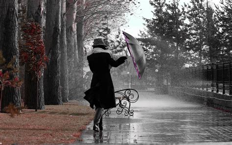 Storm Rain Drops Umbrella Women Autumn Mood Wallpaper