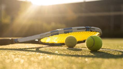 Tennis Balls And Racket On The Green Grass Background Stock Image