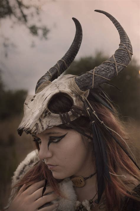 Skull Headdress Feather Viking Costume Shaman Mask Black Horns Viking