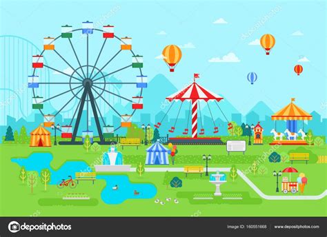 Amusement Park Vector Flat Illustration At Daytime With Ferris Wheel