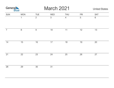 March 2021 Calendar United States Free Printable Calendar Monthly