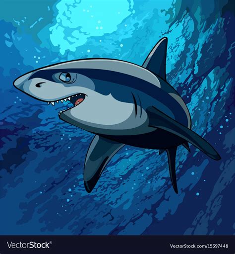 Cartoon Shark Swimming Underwater In The Blue Sea Vector Image