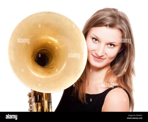 Woman Musician With French Horn Stock Photo Alamy