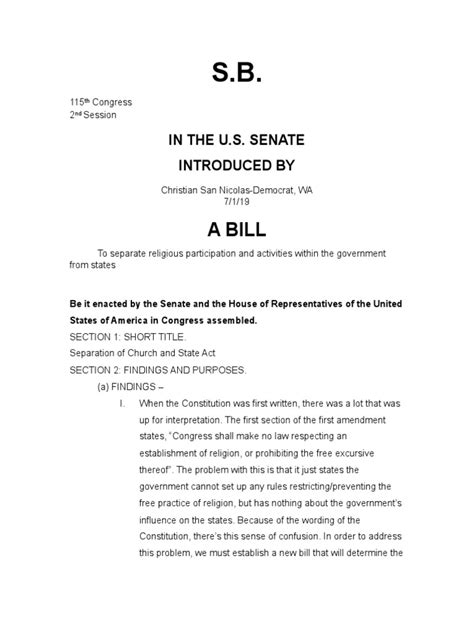 Senate Bill Template 1pdf First Amendment To The United States