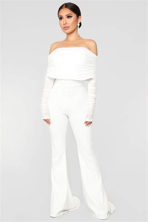 Kendall Ruched Jumpsuit White Off Shoulder Jumpsuit Long Sleeve