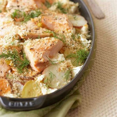 I baked this delightful meal in a traditional casserole, or gratin dish. Oven Baked Salmon With Potatoes & Feta - One Dish | Tara ...