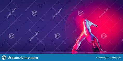 Young Sportive Beautiful Girl Hip Hop Dancer Dancing Hip Hop Isolated On Purple Background In