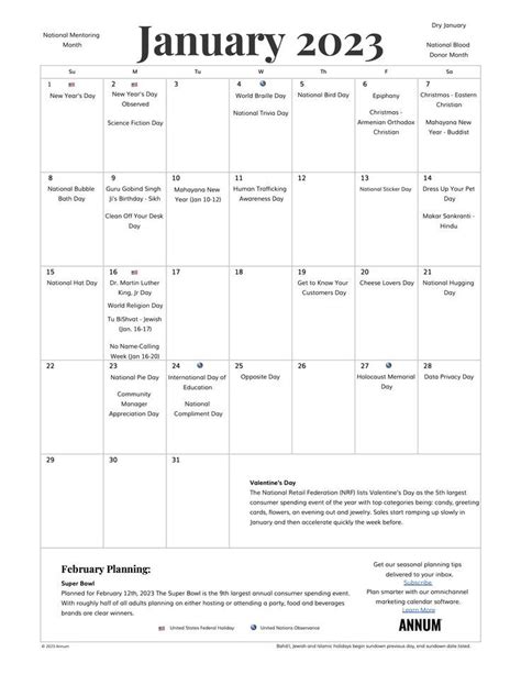 January 2023 Printable Calendar With Holidays National Days In January