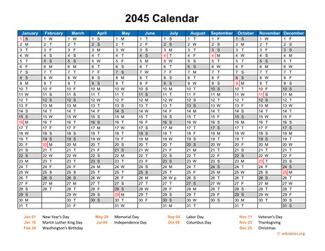 2045 Calendar Horizontal One Page