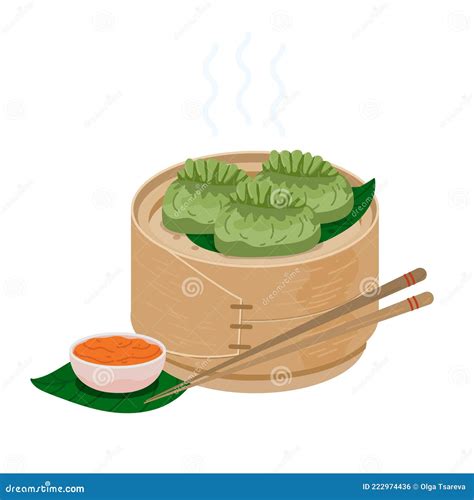 Steamed Momo Dumplings With Red Chile Sauce In A Wooden Basket Vector