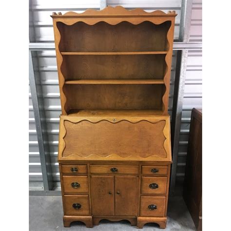 Asian secretary desk w/ hutch chinoiserie chinese oriental black gold painted (265079442718). Vintage Solid Wood Secretary Desk With Hutch | Chairish